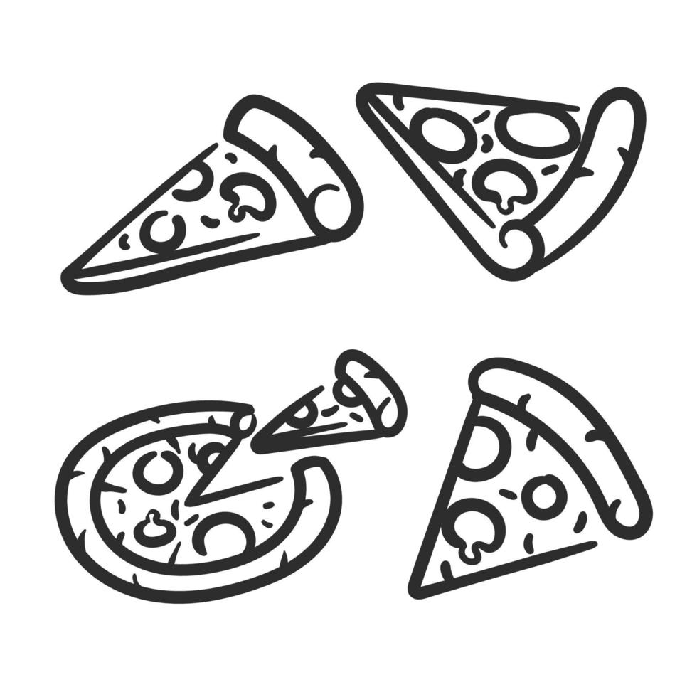 Hand drawn sketch style pizza set. Different types of pizza. Whole and pieces with melted cheese. Best for menu design and packaging. Vector illustrations.