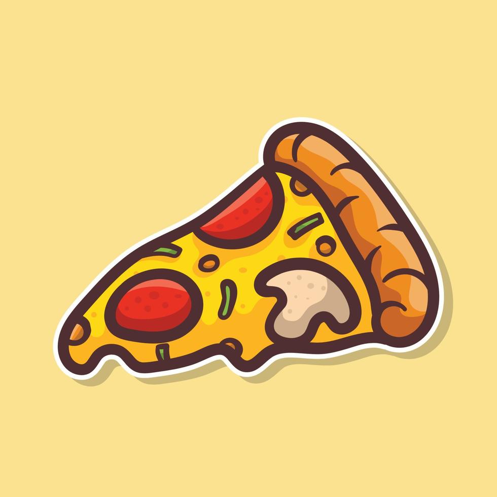 Pizza slice with melted cheese and pepperoni. Cartoon sticker in comic style with contour. Decoration for greeting cards, posters, patches, prints for clothes, emblems. Illustration Vector design