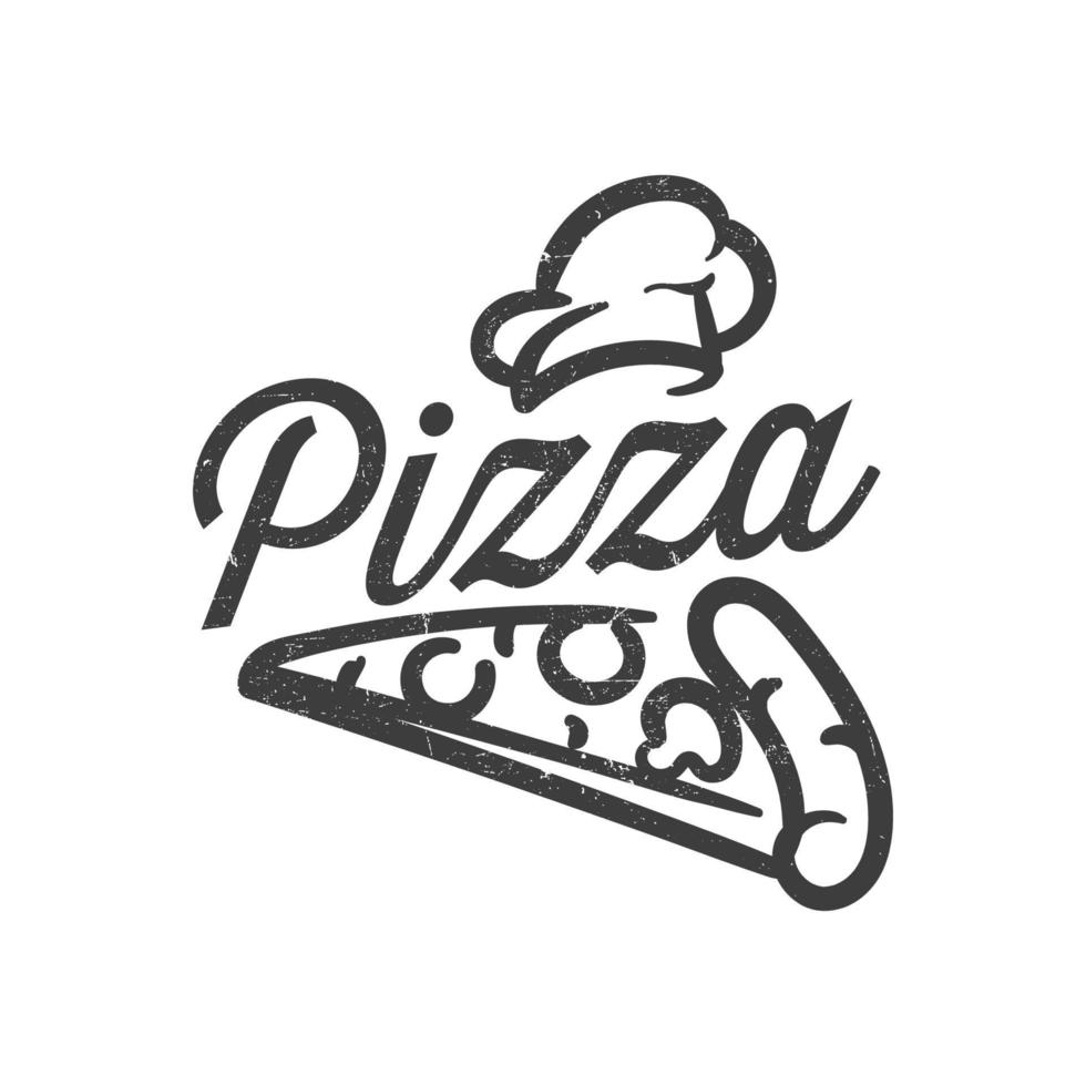 logotipo de rebanada de pizza con chef de sombrero para restaurante y cafetería, ilustración vectorial en blanco y negro aislada en fondo blanco. vector