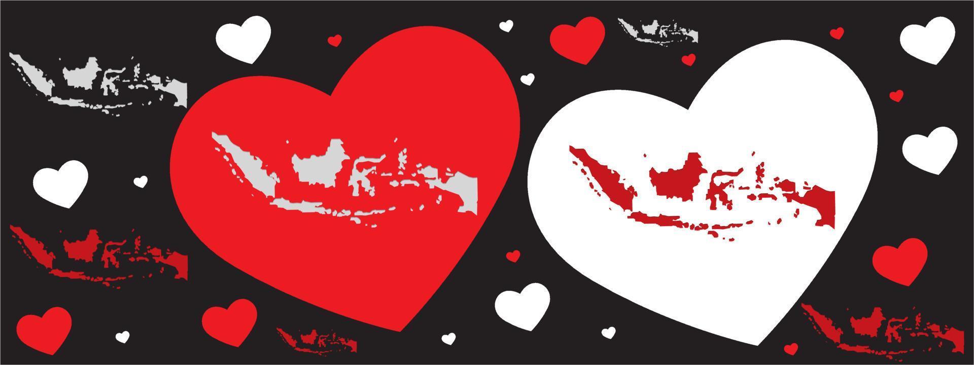 fondo de mapa de indonesia con icono de corazón en el día de la independencia. vector