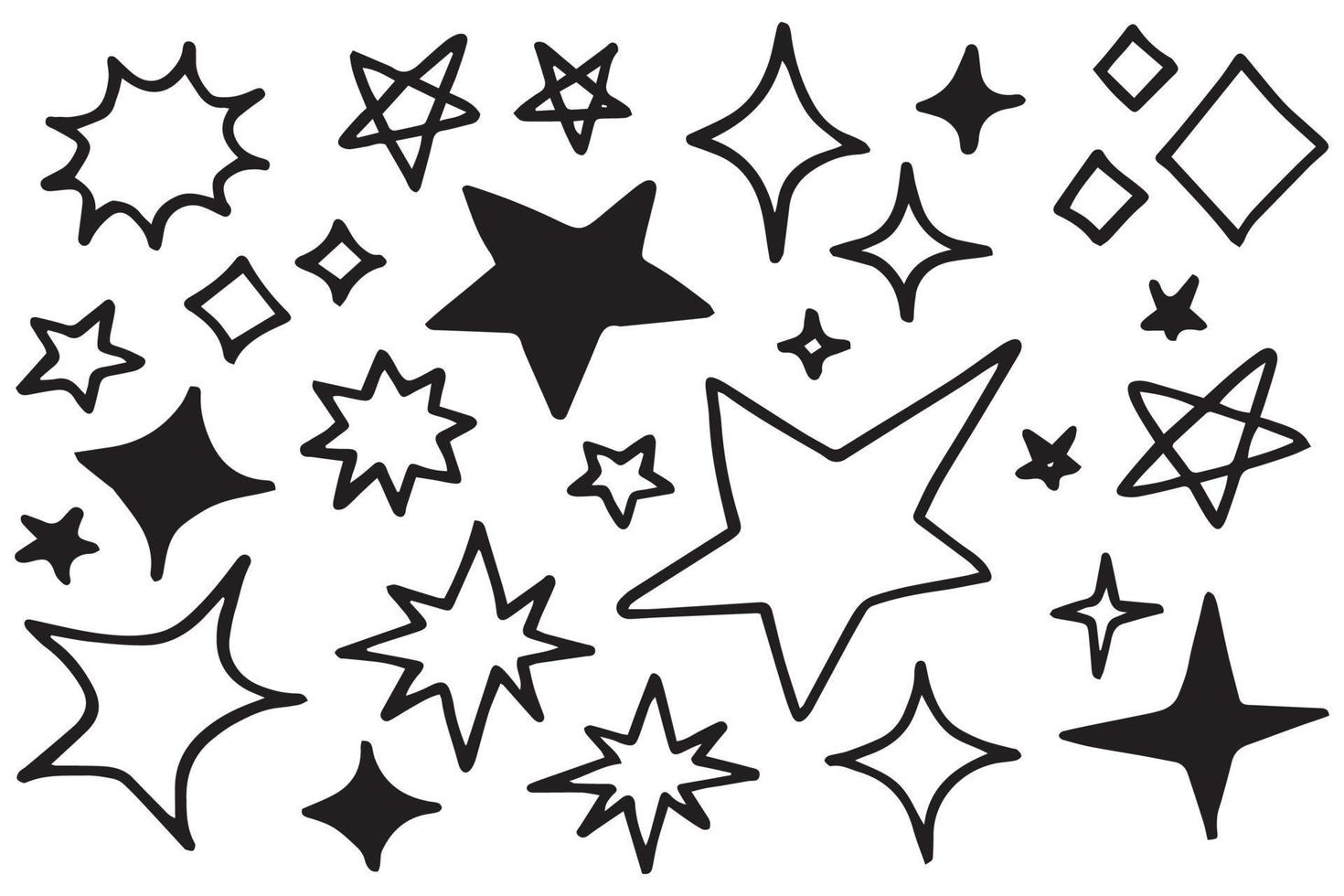 Set of black hand drawn doodle stars in isolated on white background. vector