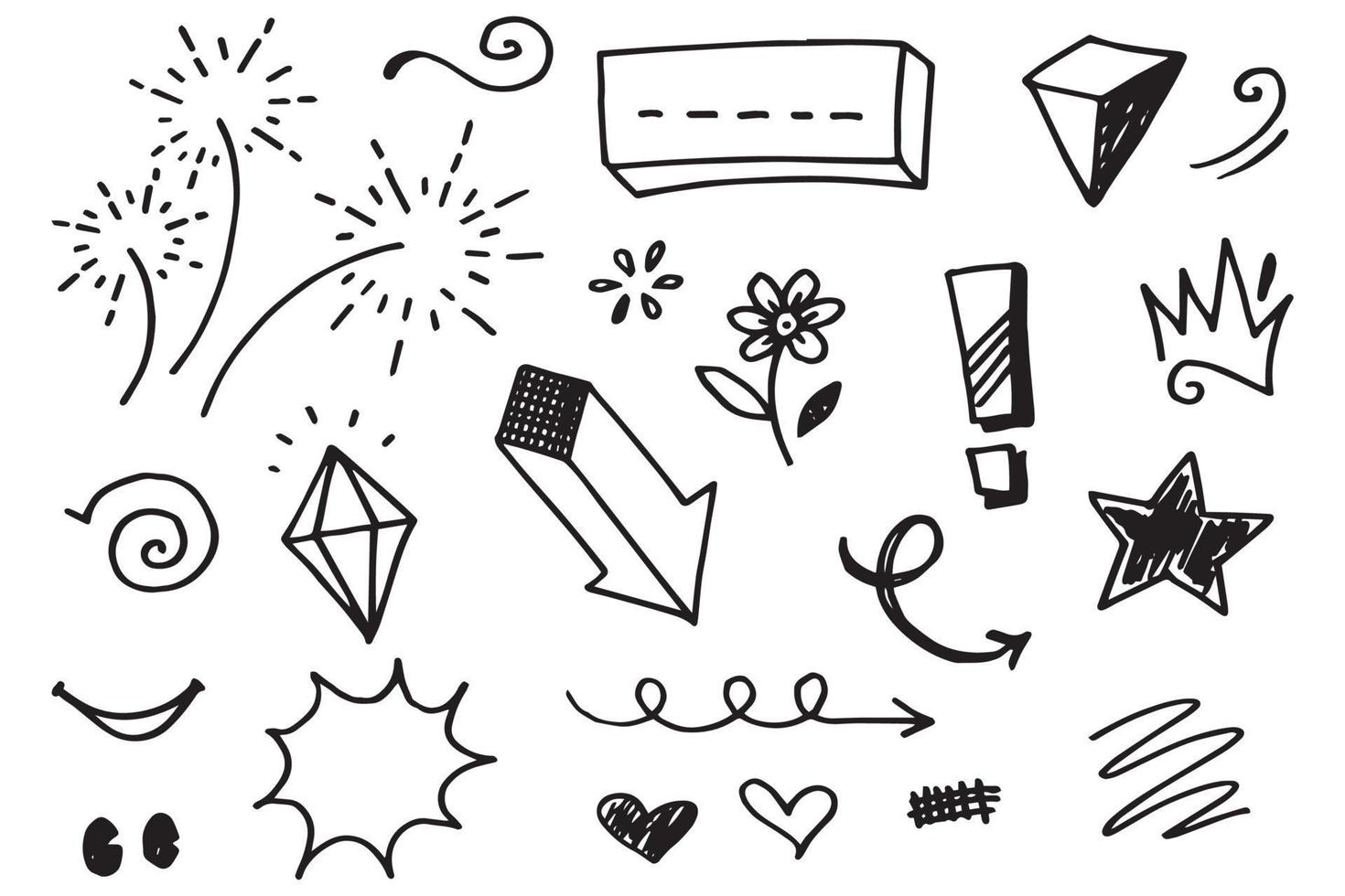 Hand drawn set elements, Abstract arrows, ribbons, hearts, stars, crowns and other elements in a hand drawn style for concept designs. Scribble illustration. Vector illustration.