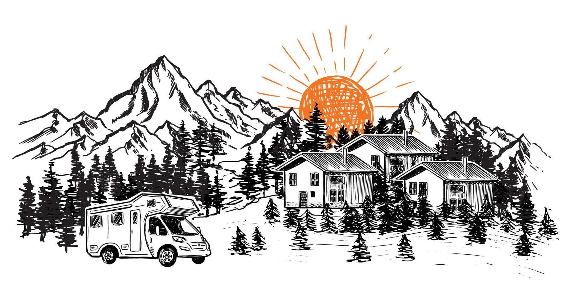 Camping in nature, motor home, Mountain landscape, hand drawn style, vector illustrations