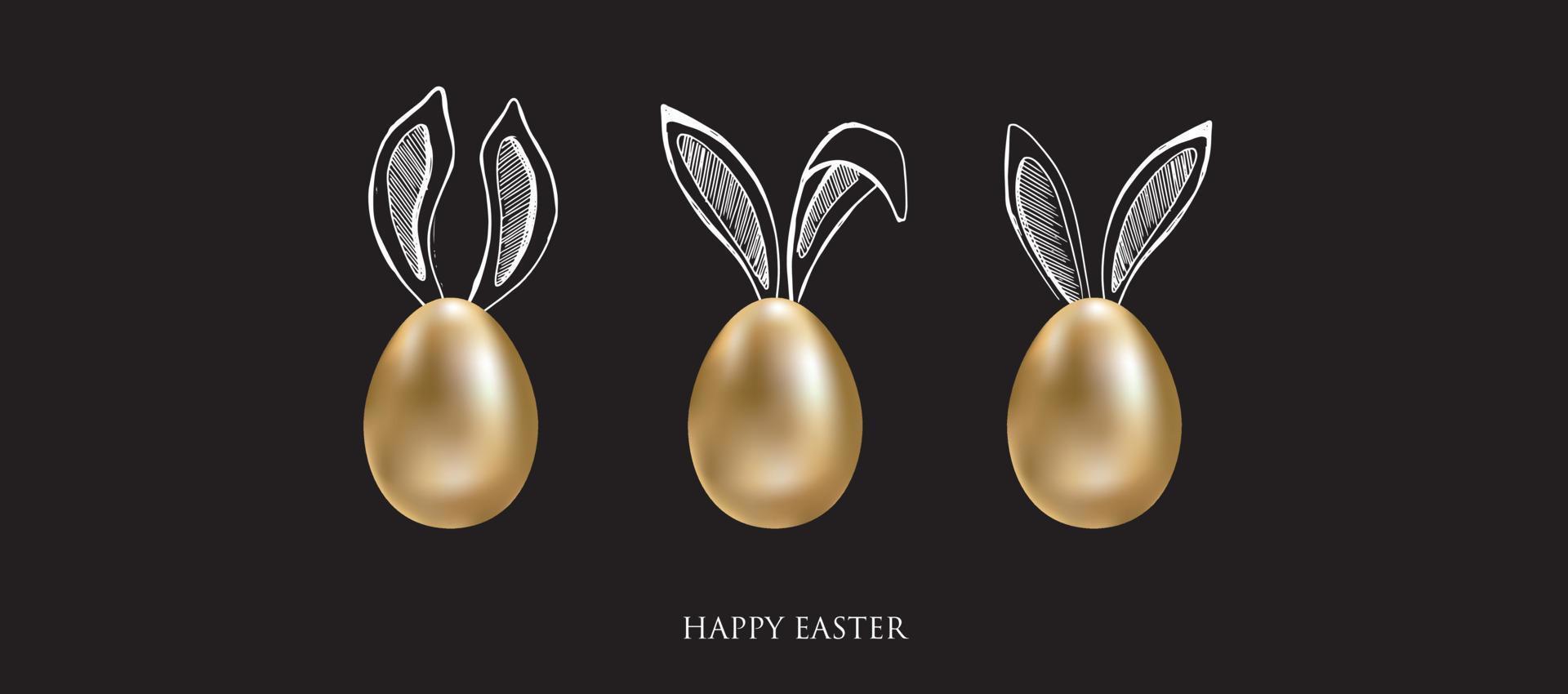 Happy Easter. Set of rabbits's ears. Gold eggs. Hand drawn illustration. vector