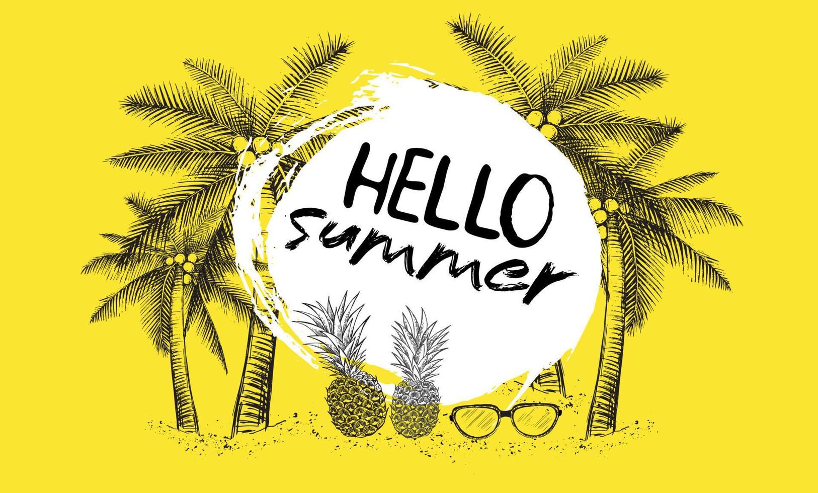 Hello Summer, palm tree, glasses, pineapple. Hand drawn illustration. vector