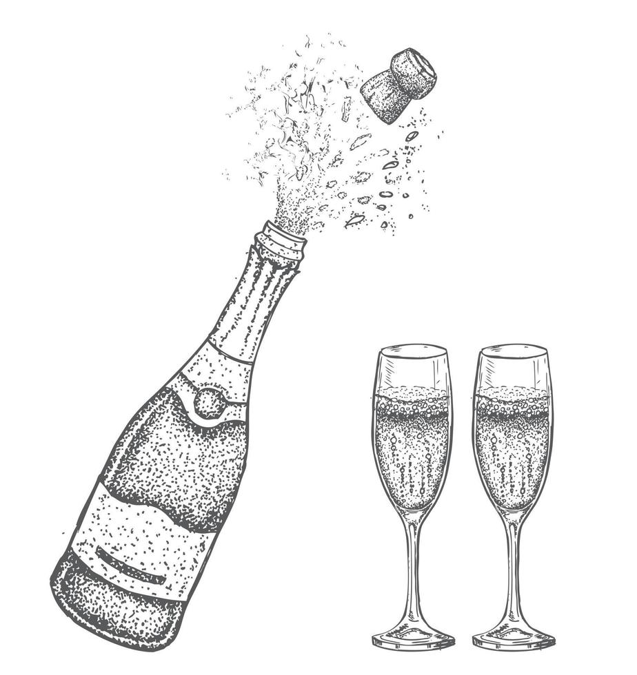 Champagne glasses. Bottle of champagne. Vector illustration of hand drawing.