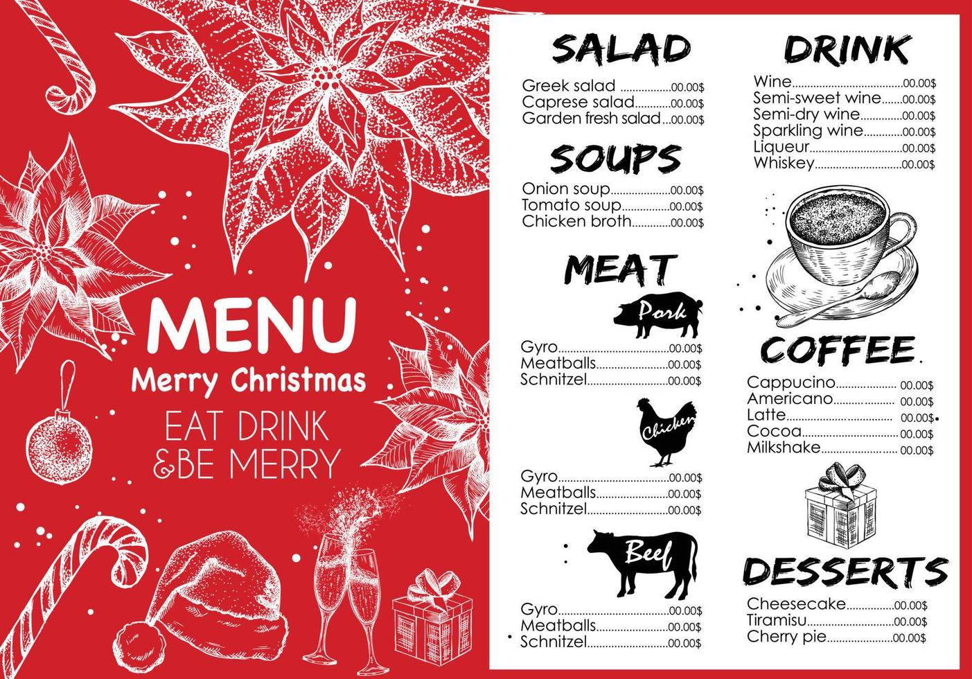 Christmas menu. Vector hand drawn illustration. Design template.