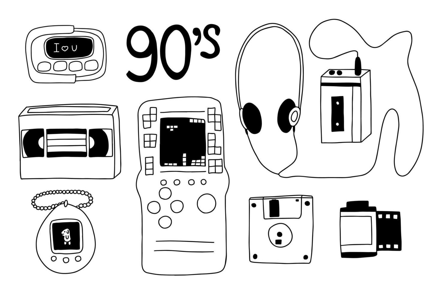 Conjunto de ilustración de objetos de garabatos retro de los 90. reproductor de cassette vectorial, tamagotchi y disquete dibujado a mano imágenes prediseñadas vector