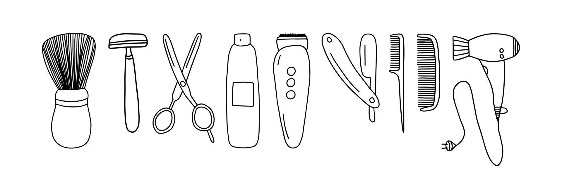 Doodle vector barber shop elements set isolated. Hand drawn barbershop and hair salon stickers on white background.