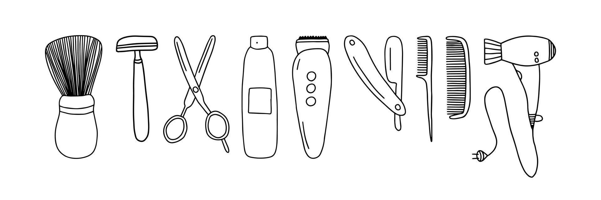 Doodle vector barber shop elements set isolated. Hand drawn barbershop and hair salon stickers on white background.