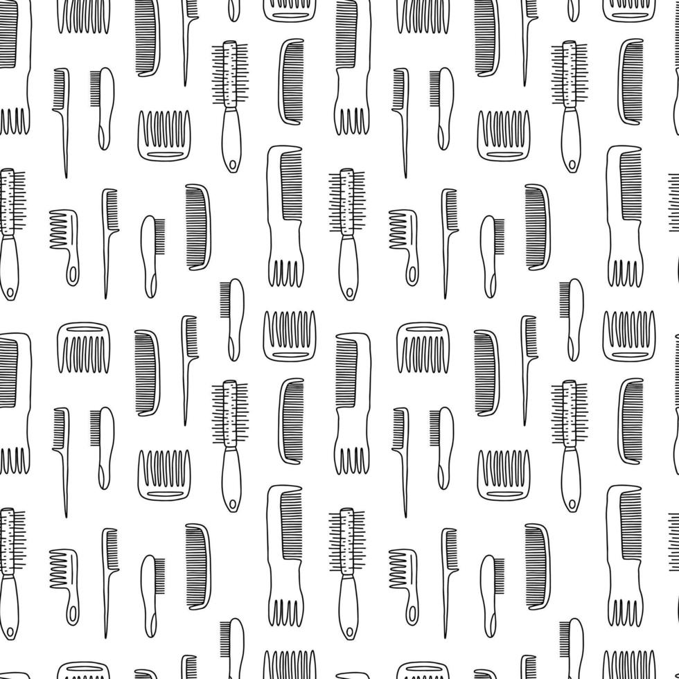 Doodle hair comb seamless pattern. Hand drawn vector different comb on white background.