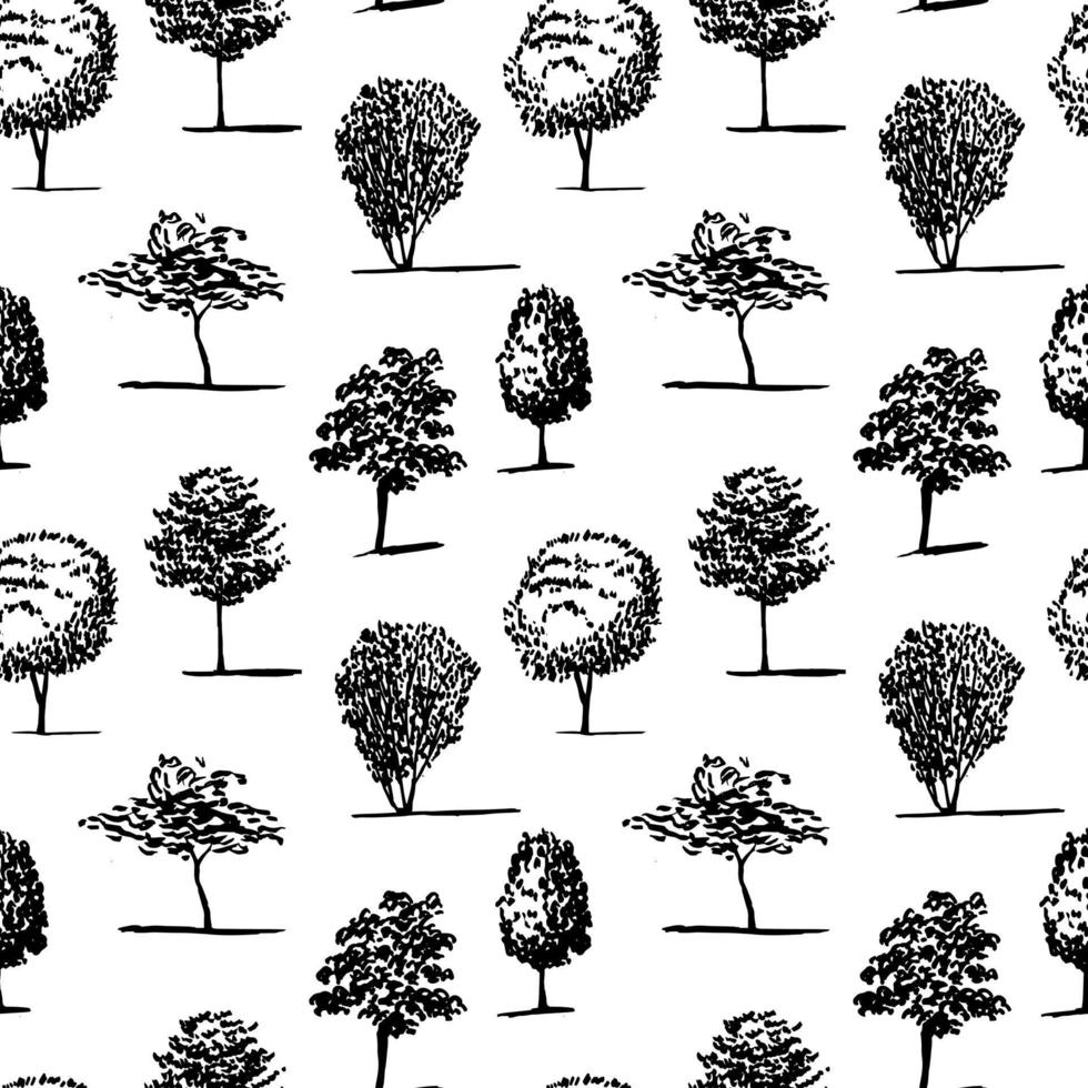 Vector different kinds of trees semless pattern. Tree silhouette hand drawn seamless pattern