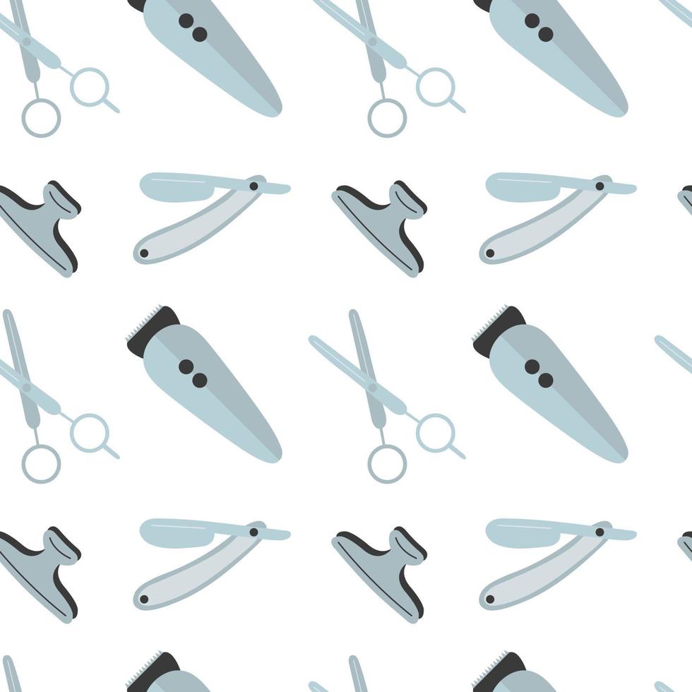 Barbershop vector flat style seamless pattern. Hair trimmer, scissors. razor shaving isolated on white background.