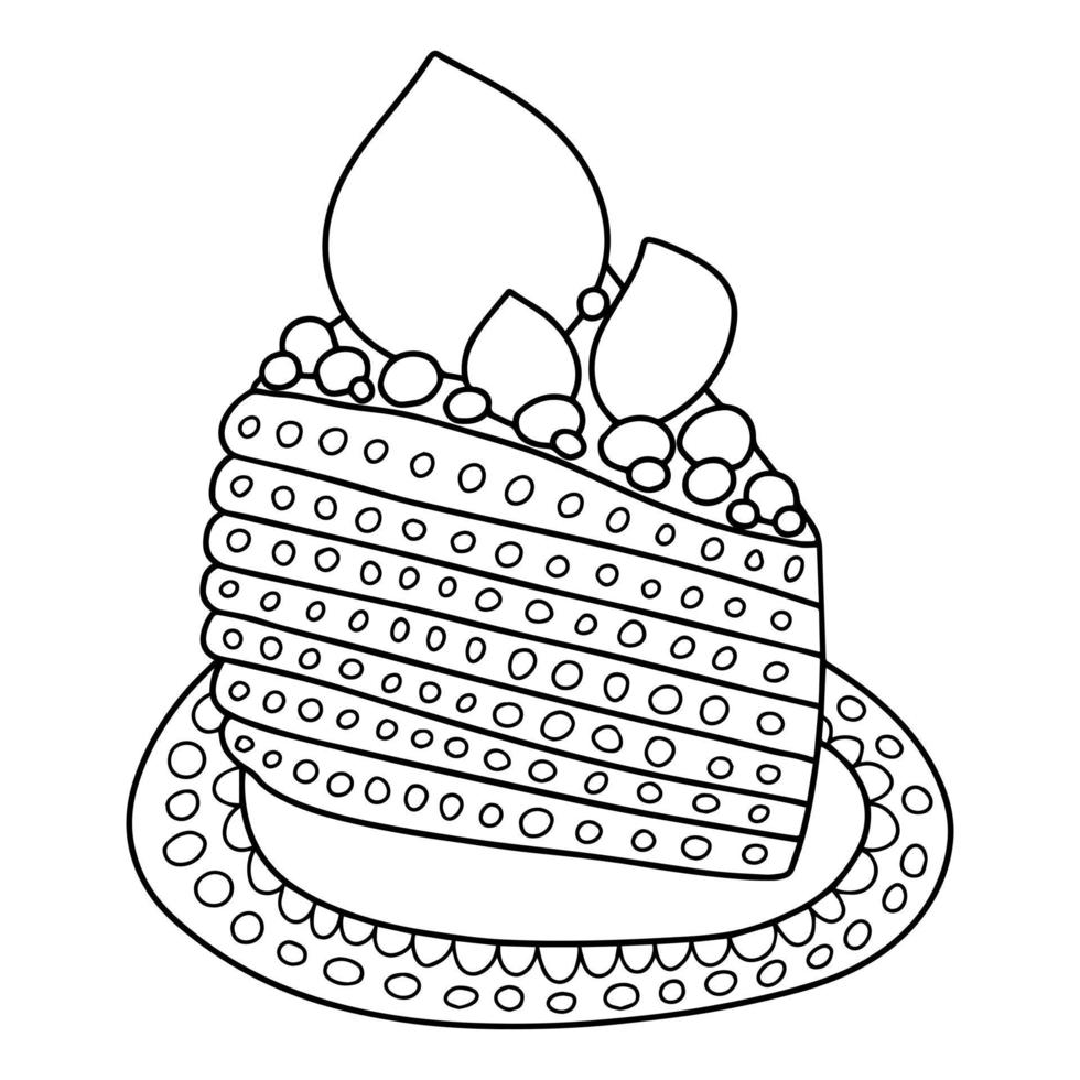 Slice of cake on plate vector coloring page. Cute coloring page for children and adults with tasty dessert.