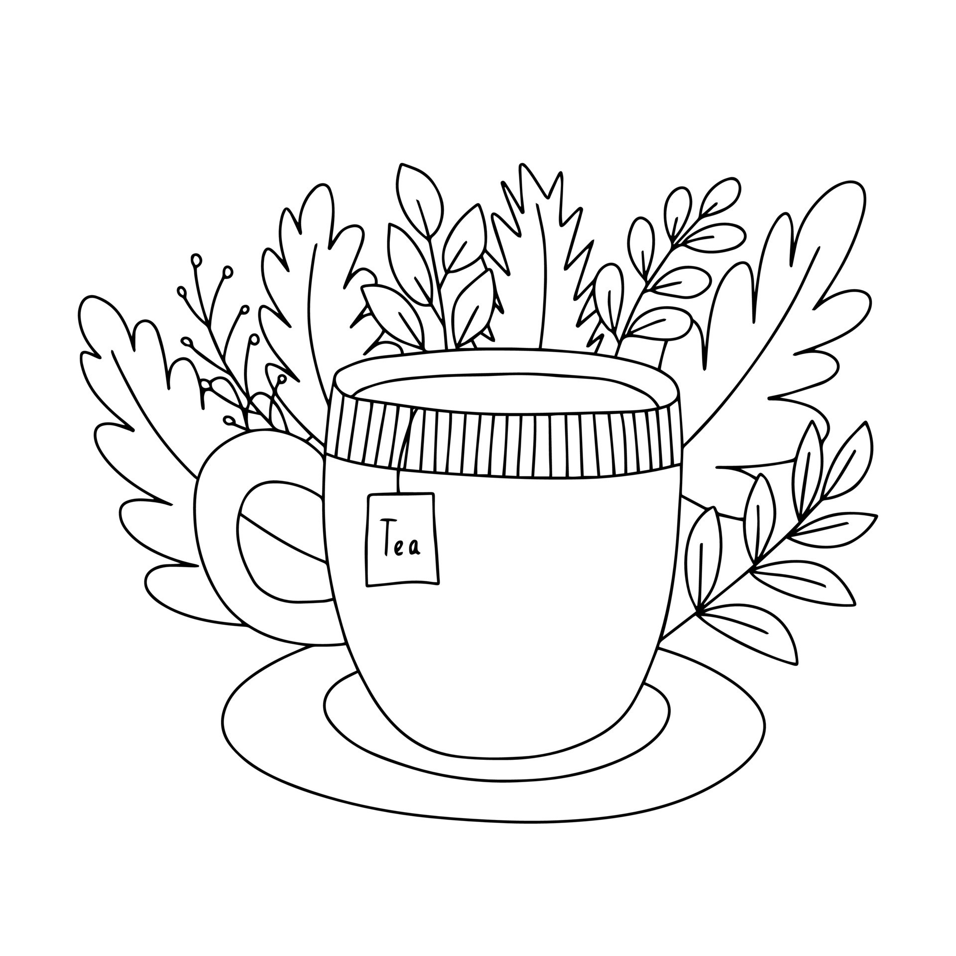 taza de café o té - libro para colorear. juego para niños ilustración de  dibujos animados vectoriales en blanco. dibujo de una hoja en una taza.  estado de ánimo de otoño. 13678686