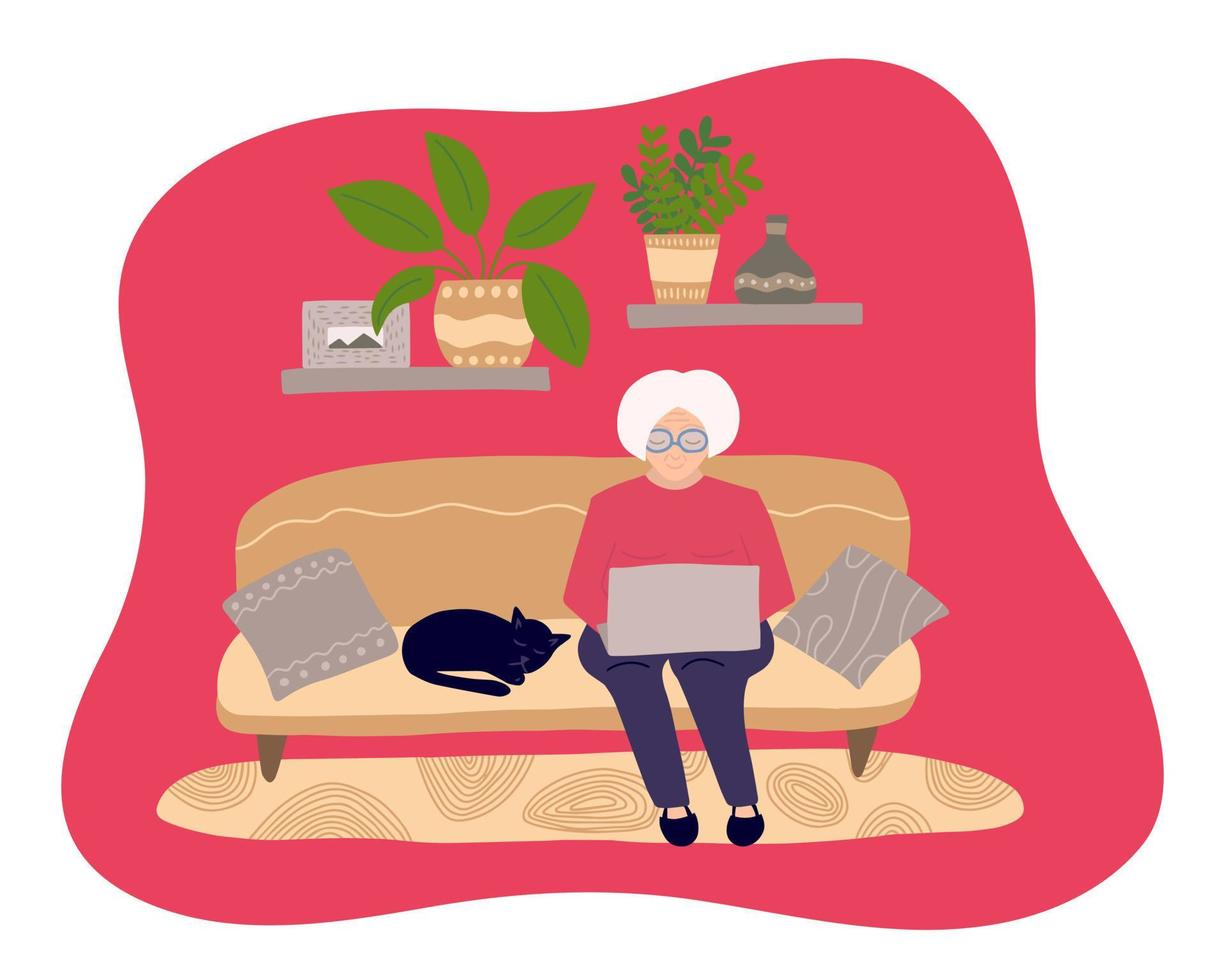 Old woman with grey hair using laptop on sofa at home. Cute granny surfing internet in home interior vector flat illustration