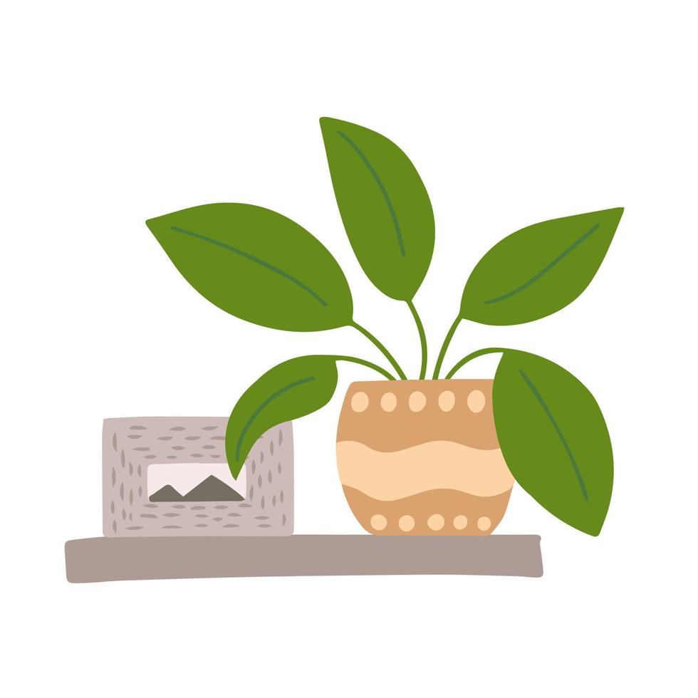 Vector shelf with home plant and picture.