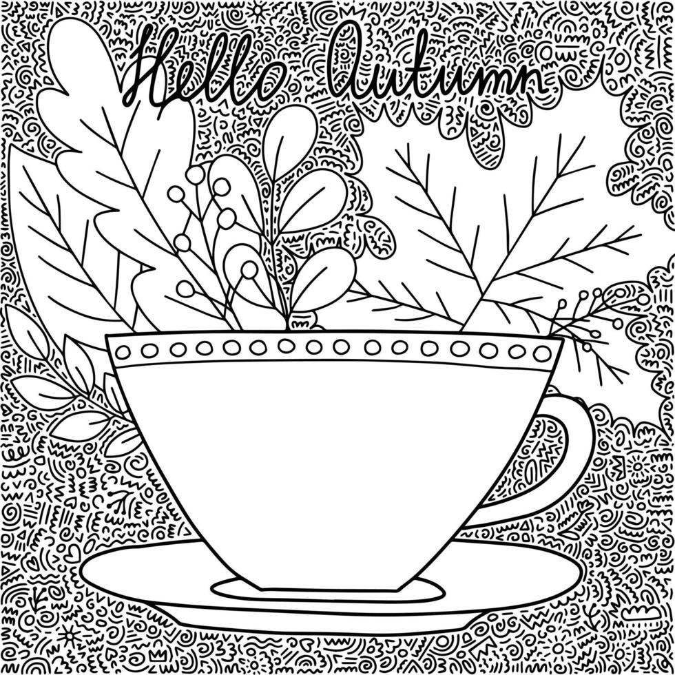 Hello autumn vector coloring page with cup of coffee and autumn leaves. Cute coloring page for children and adults with cup of coffee