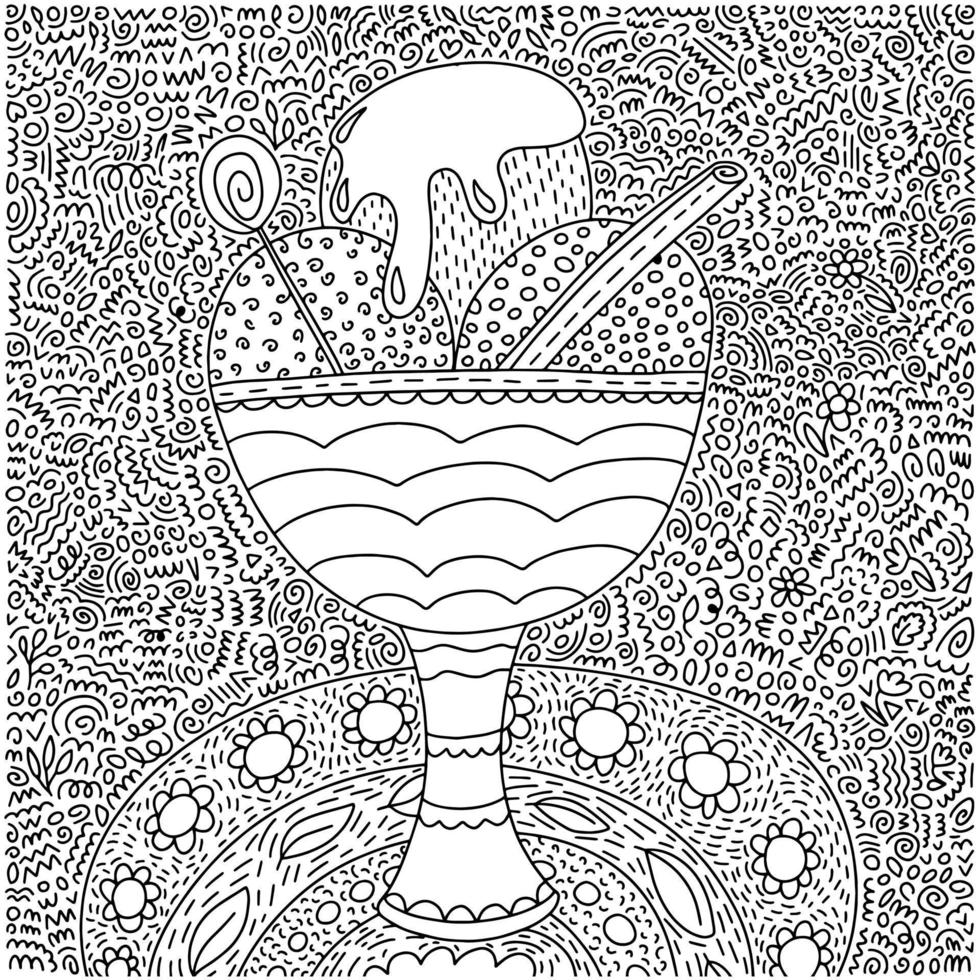 Coloring page with ice cream in glass bowl vector illustration. Cute doodle coloring page with tasty dessert