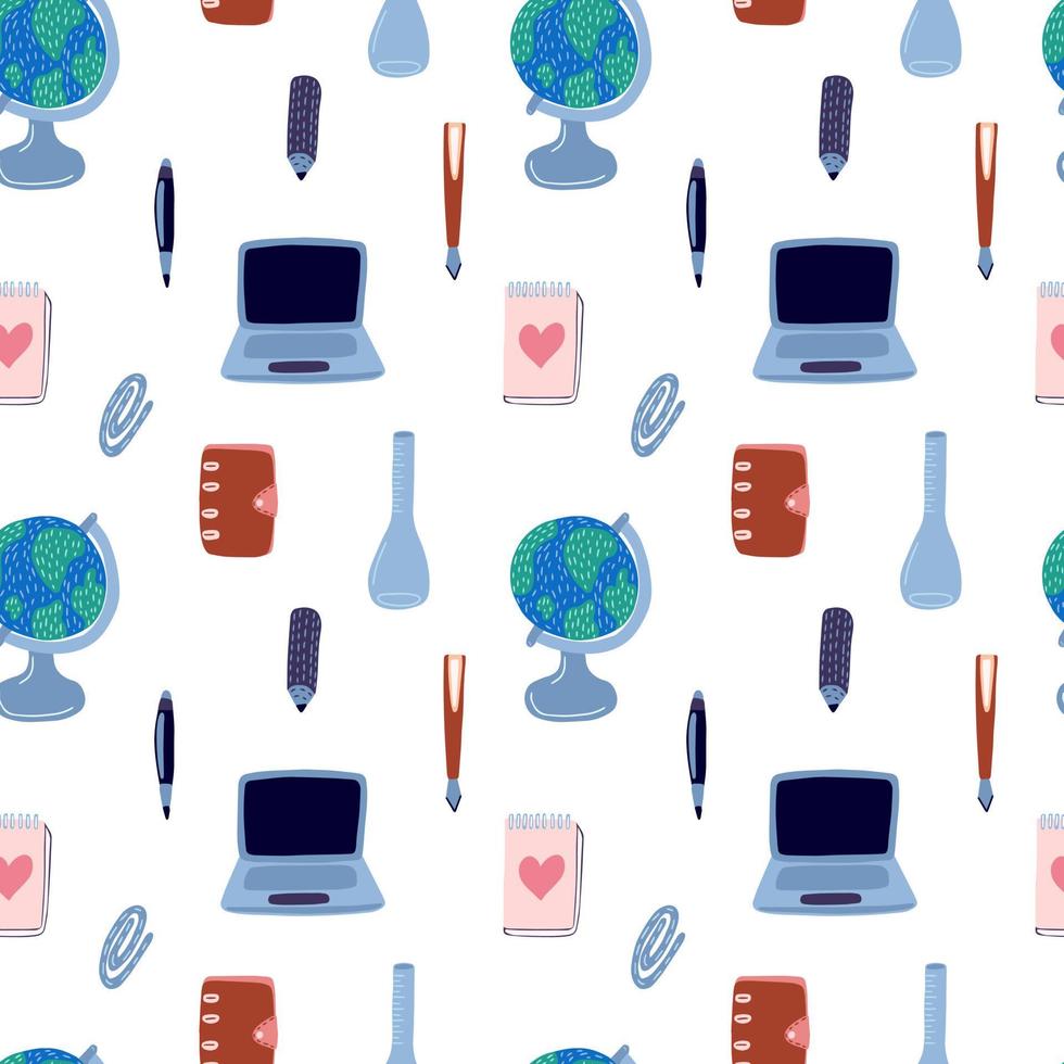 School elements vector seamless pattern. Laptop and globe pattern with school stationary.