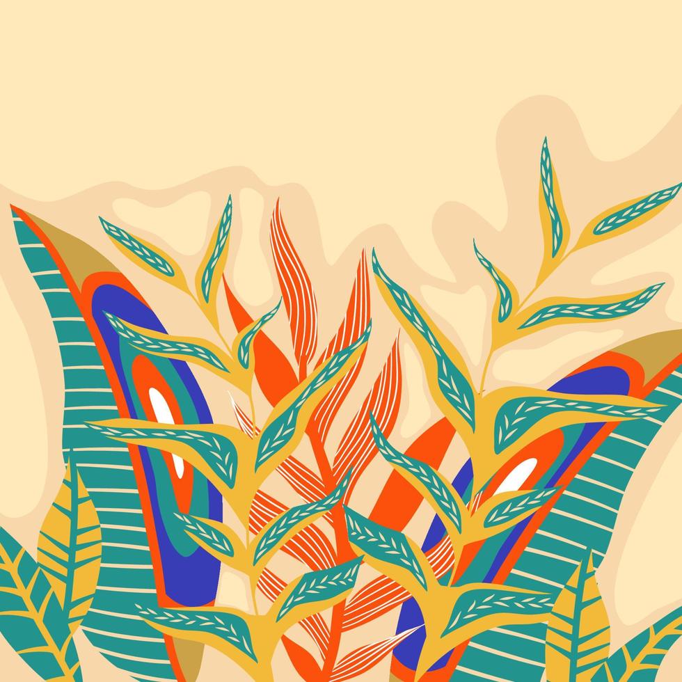 Abstract aesthetic background boho jungle with tropical leaves. Boho jungle in modern style. Ethnic leaf floral background art. Contemporary hand drawn flat design. Abstract tropical art vector