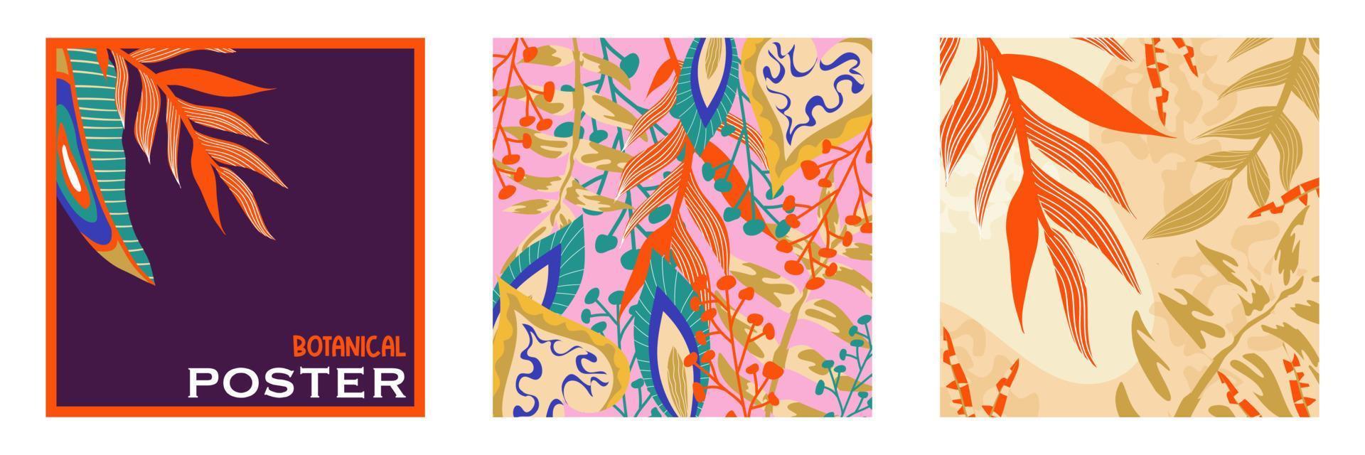 Trendy aestethic boho jungle set flyer. Abstract trendy exotic floral jungle background. Design template. Abstract nature background. Tropical foliage art cover vector