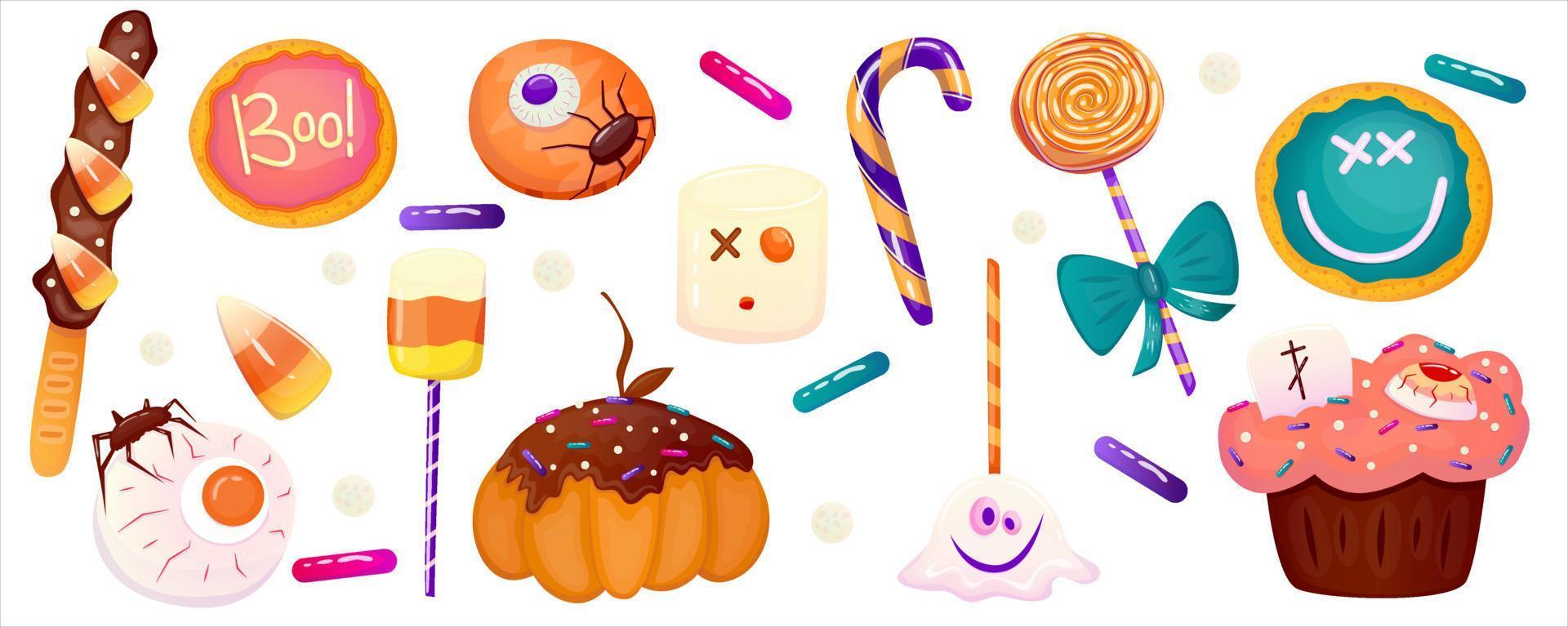 Halloween sweet dessert set clipart on a white background. Halloween eyeball, marshmallow, pumpkin and candy corn. Cartoon vector illustration. Creepy dessert for the autumn holiday for design.