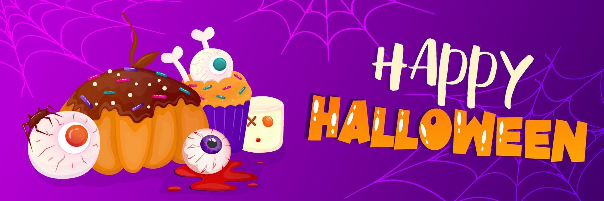 feliz fondo de banner de plantilla de halloween con telaraña y dulces, pastel. ilustración de dibujos animados vectoriales. fondo morado oscuro. feliz Halloween. diseño vectorial vector