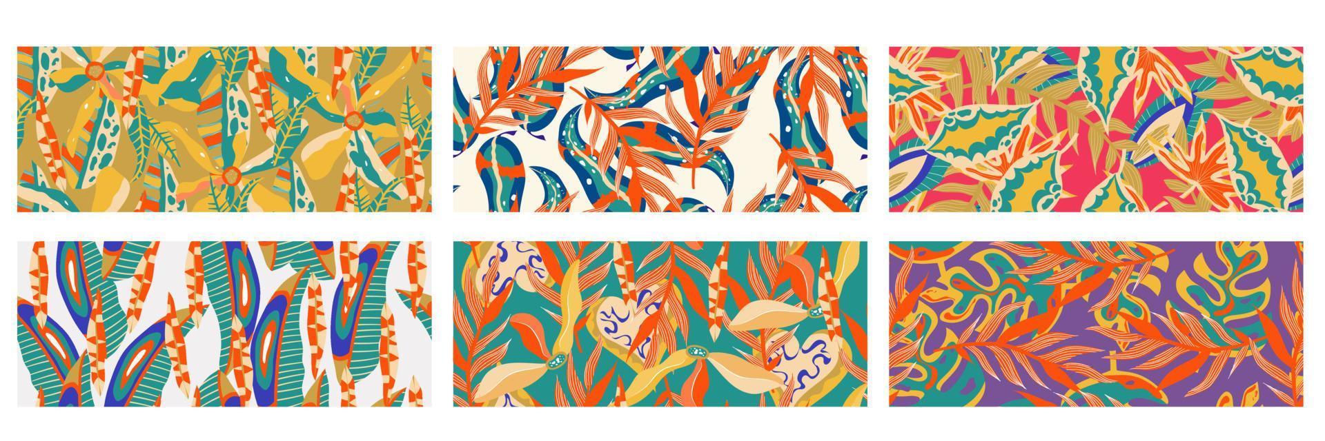 la pared de la jungla estética contemporánea establece un fondo de patrón horizontal sin costuras. patrón de selva floral exótico moderno. vector de fondo de textura de arte de patrón. arte de fondo floral de hoja boho étnico.