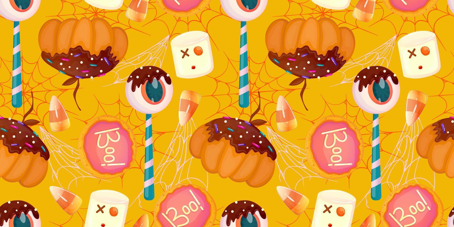 Cartoon seamless pattern halloween sweet dessert. Fantasy eyeball, pumpkin, candy colorful illustration. Cute candy wallpaper. Magic print. Cartoon vector illustration. Happy halloween