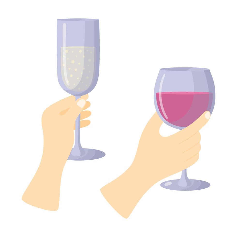 Hands holding glasses with alcoholic beverages. Champagne, wine. vector