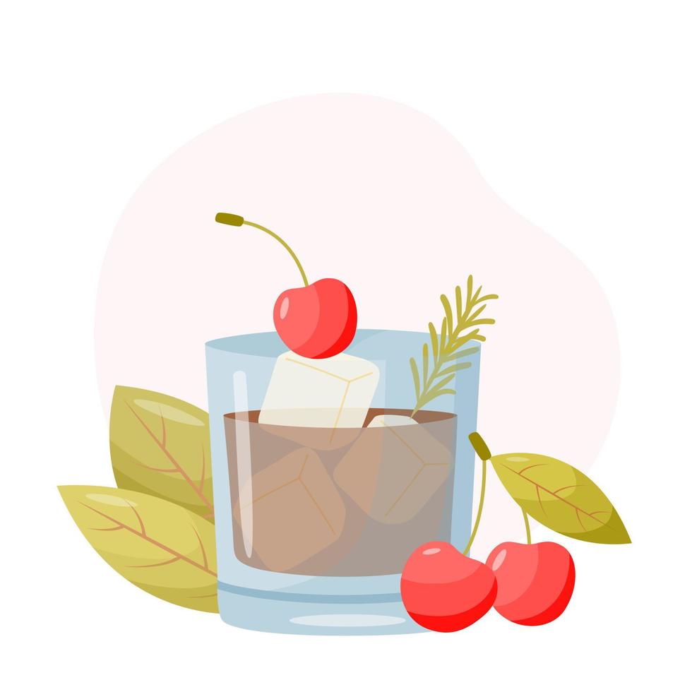 Whiskey-cola cocktail with cherries and leaves in the background. Menu design elements. Summer cocktail in a flat style. vector