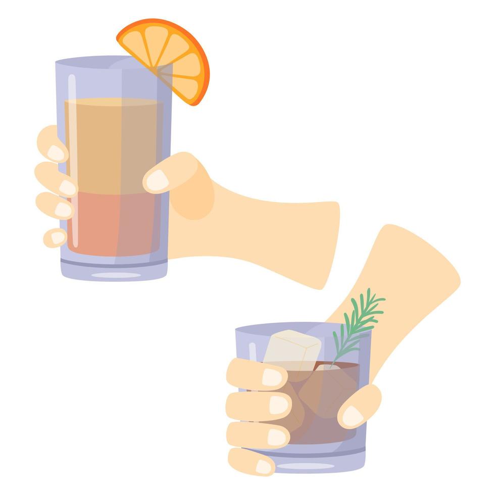 Hands hold glasses with alcoholic beverages. Whiskey and sunrise cocktails. vector