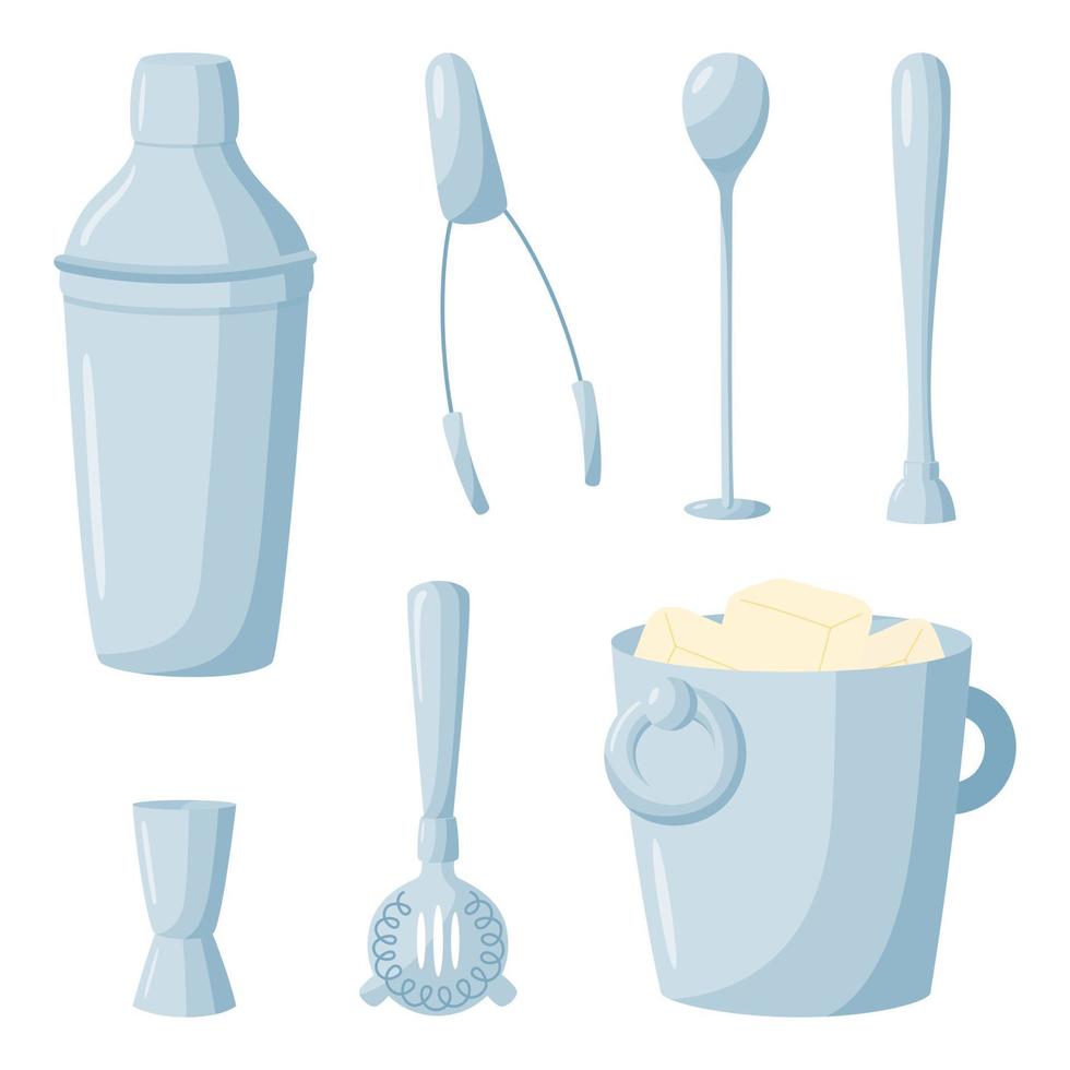 Tools and equipment for a cocktail bar in a flat style. Hand-drawn design elements for the work of a bartender. Ice bucket, bottle attachment, bar spoon, bartender mixer and shaker vector