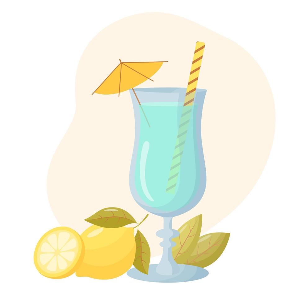 Blue lagoon cocktail with lemon and leaves in the background. Menu design elements. Summer cocktail in flat style. vector