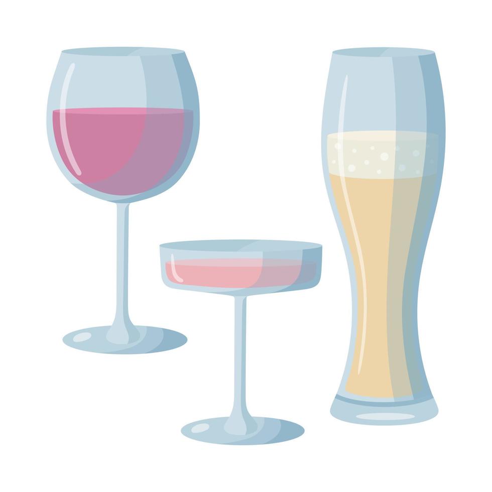 conjunto de bebidas alcohólicas en vasos de estilo plano. elementos de diseño de menú. vino, champán y cerveza. vector