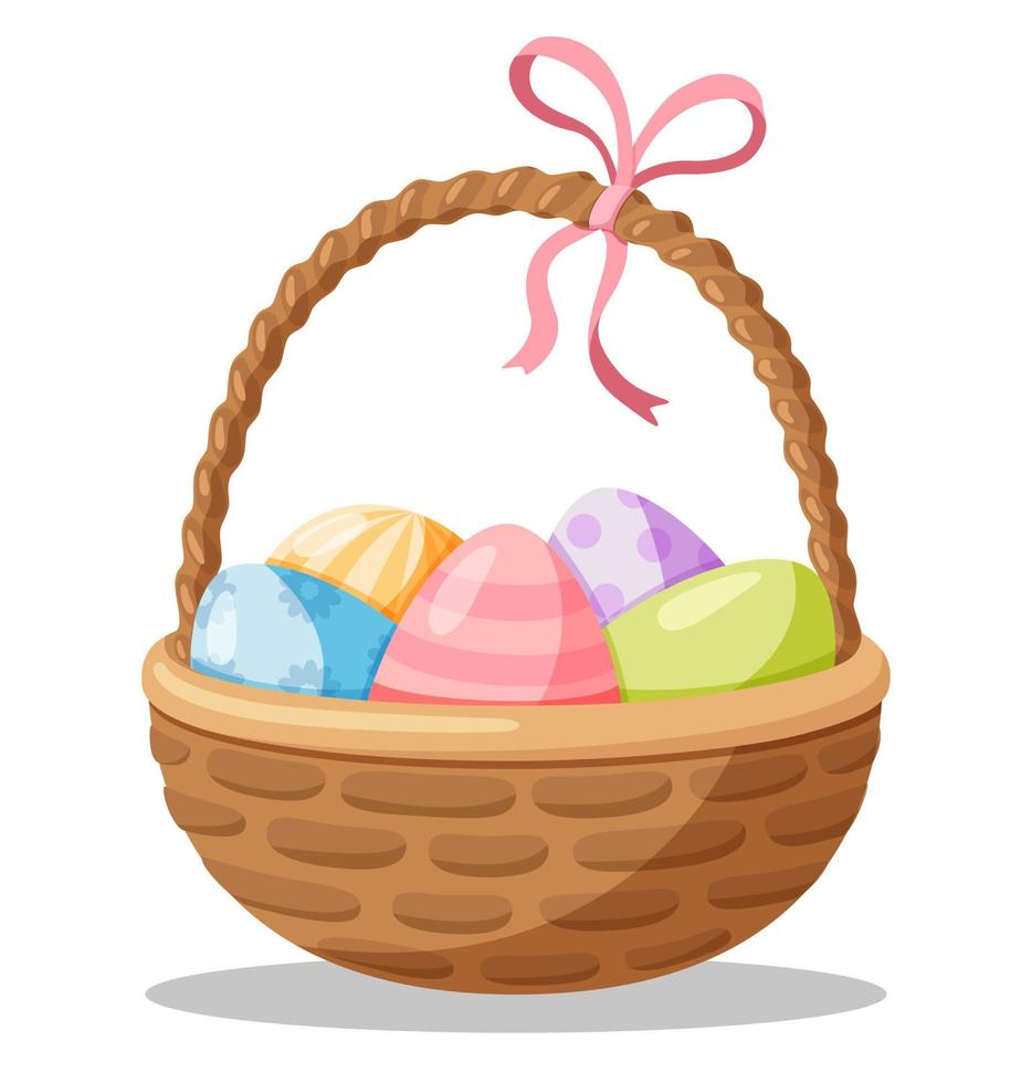 Easter wicker basket with painted eggs. Vector cartoon Illustration. Isolated on white background.