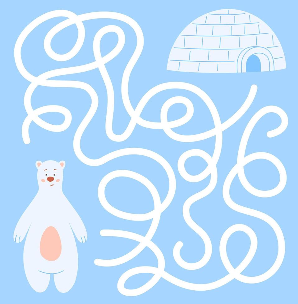 Winter maze for kids. A cute white polar bear is looking for a way to the igloo. vector