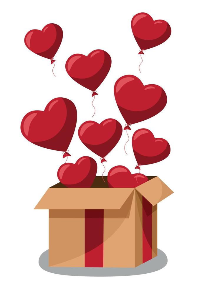 Kraft gift box with heart shaped balloons. Happy valentines day decoration. Vector flat design illustration.