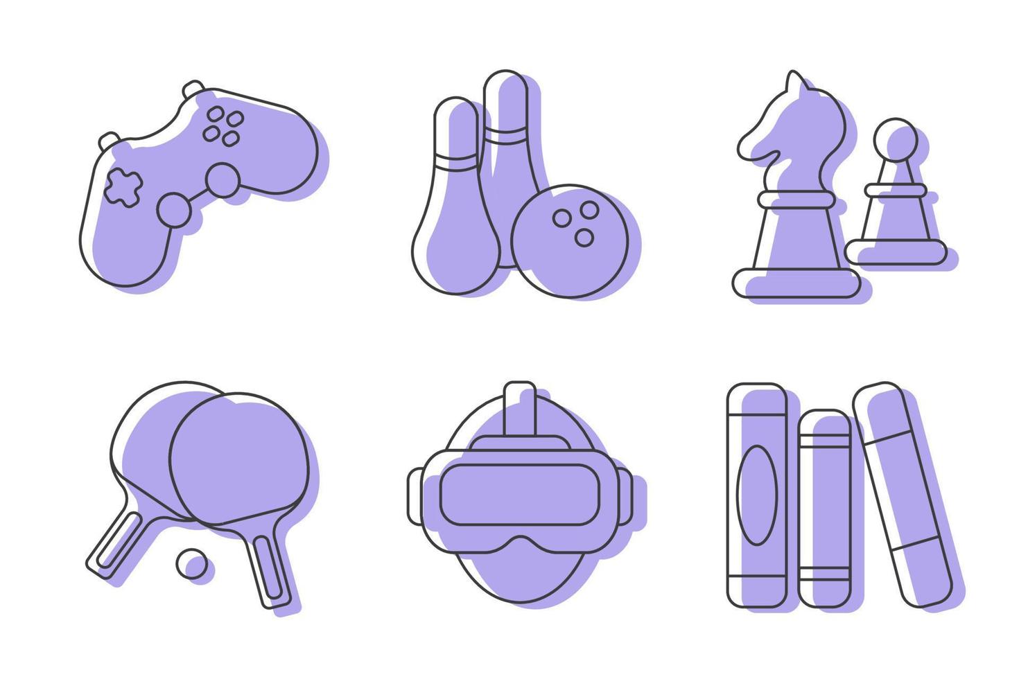 Game icon set in line style. Vector illustration of Games and entertainment of different types. Chess, bowling, book reading, virtual reality, tennis icons included.