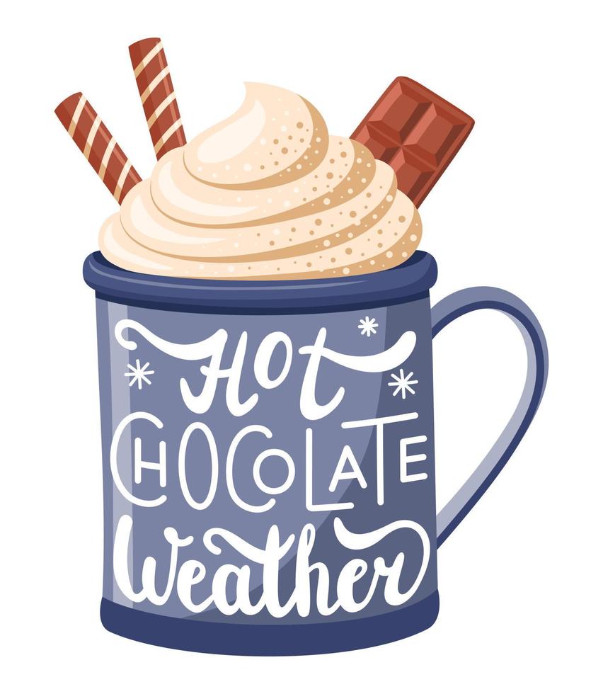 una taza azul decorada con las palabras clima de chocolate caliente. vector