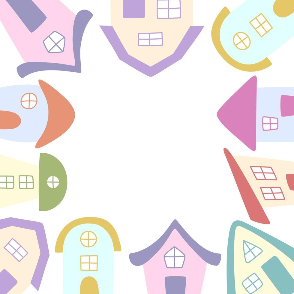 Frame of cute colorful hand drawn houses in a circle. Space for text. Doodle style vector. vector