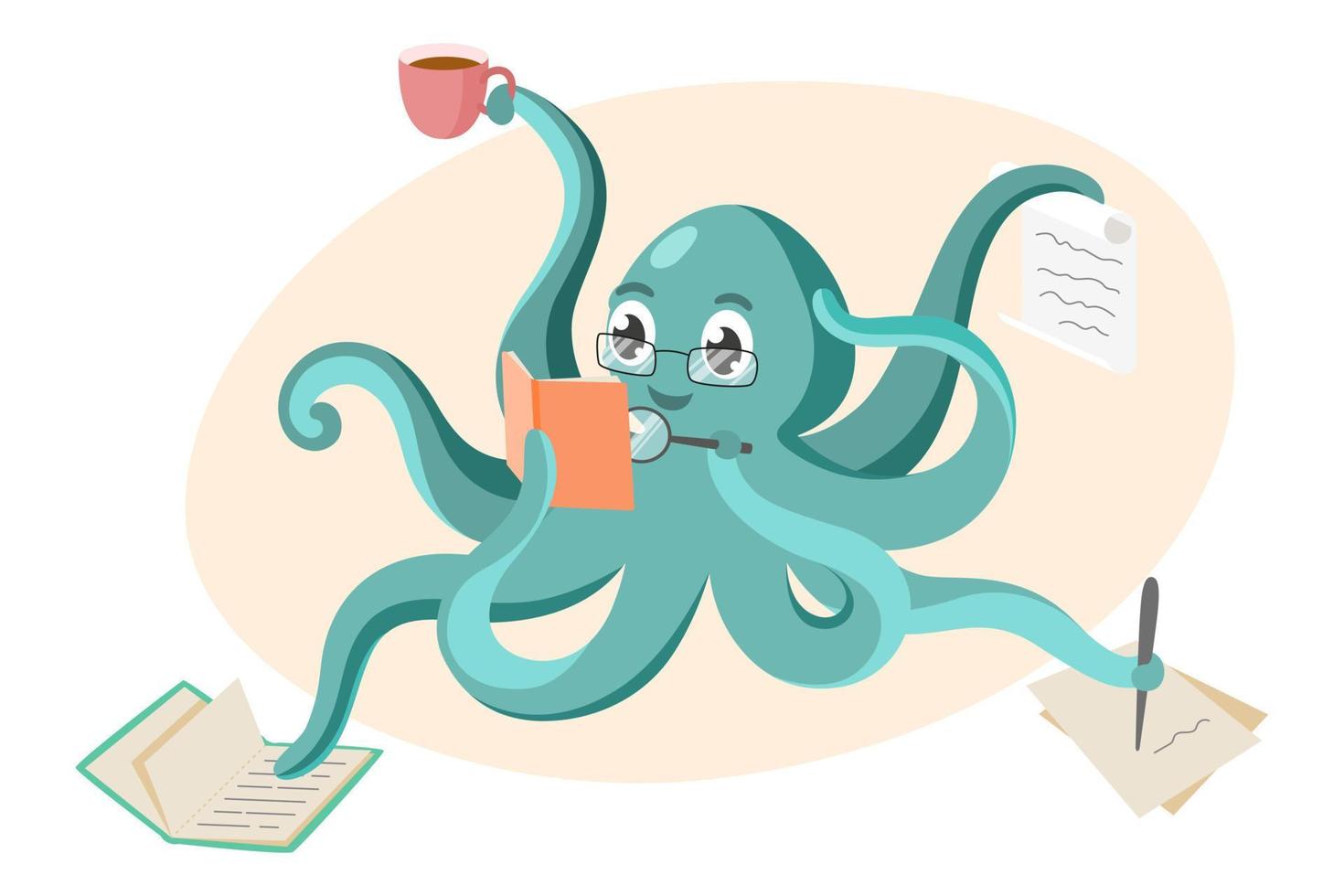 un pulpo haciendo muchas cosas a la vez. concepto multitarea y educación. libros de lectura. vector