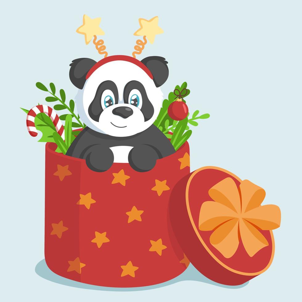 Cute panda in a red big box with branches, leaves and Christmas decor. Holiday concept. vector