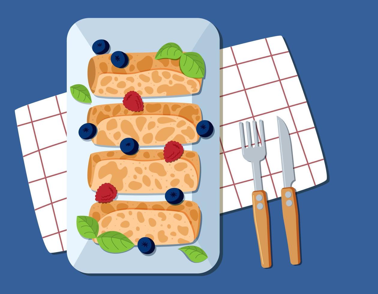 Thin pancakes on a plate with berries are served with a fork and knife. The concept of the Russian tradition. vector