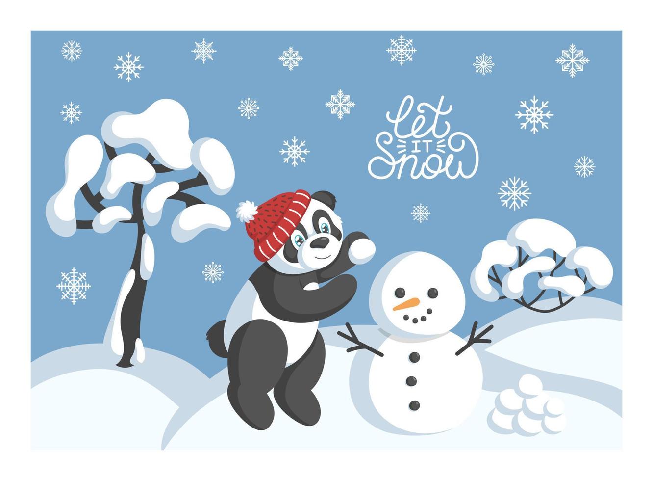 Winter card with panda in red hat sculpt snowman and text let it snow. vector