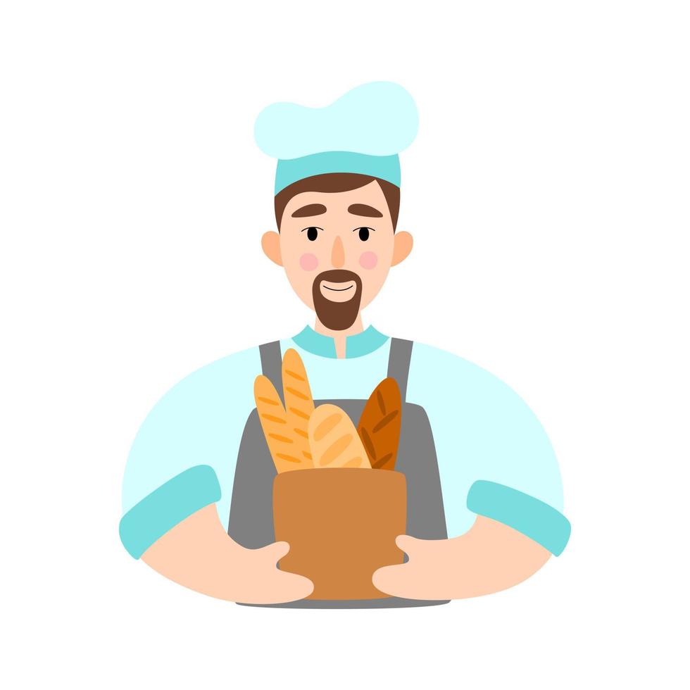 Baker in professional uniform and chef hat holding baguettes and bread. Cooking Illustration in a flat style. vector