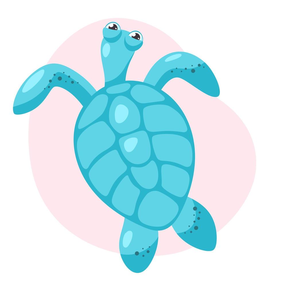 Cute blue turtle on pink background. Flat cartoon vector illustration.