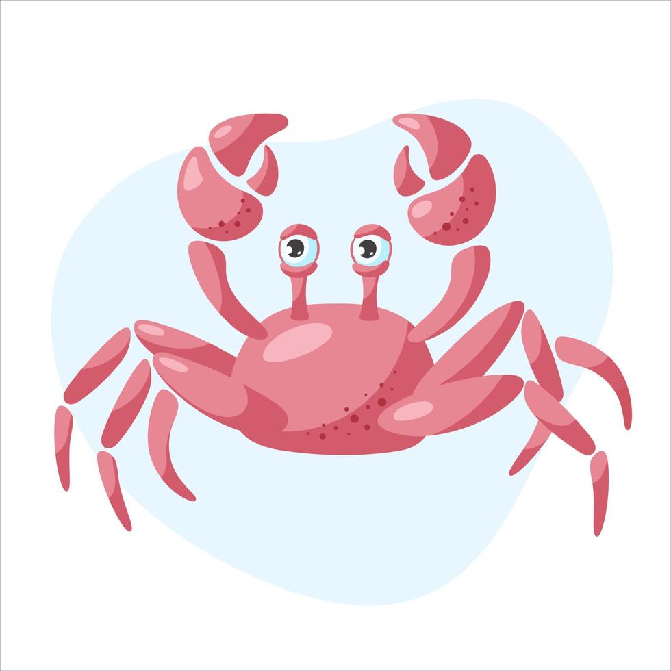 Cute red crab on a blue background. Flat cartoon vector illustration.