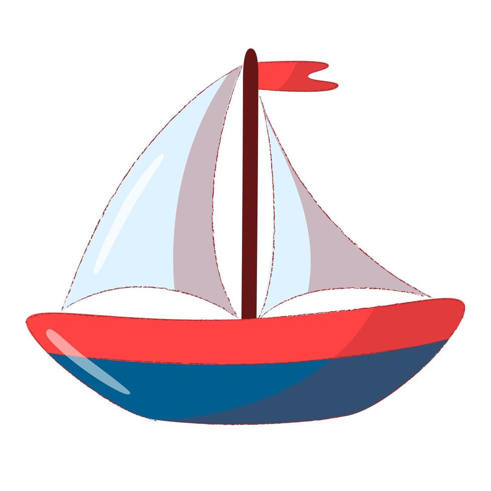 un pequeño barco de dibujos animados con una bandera roja. diseño de dibujos animados de transporte de agua. ilustración vectorial plana aislada en un fondo blanco. vector